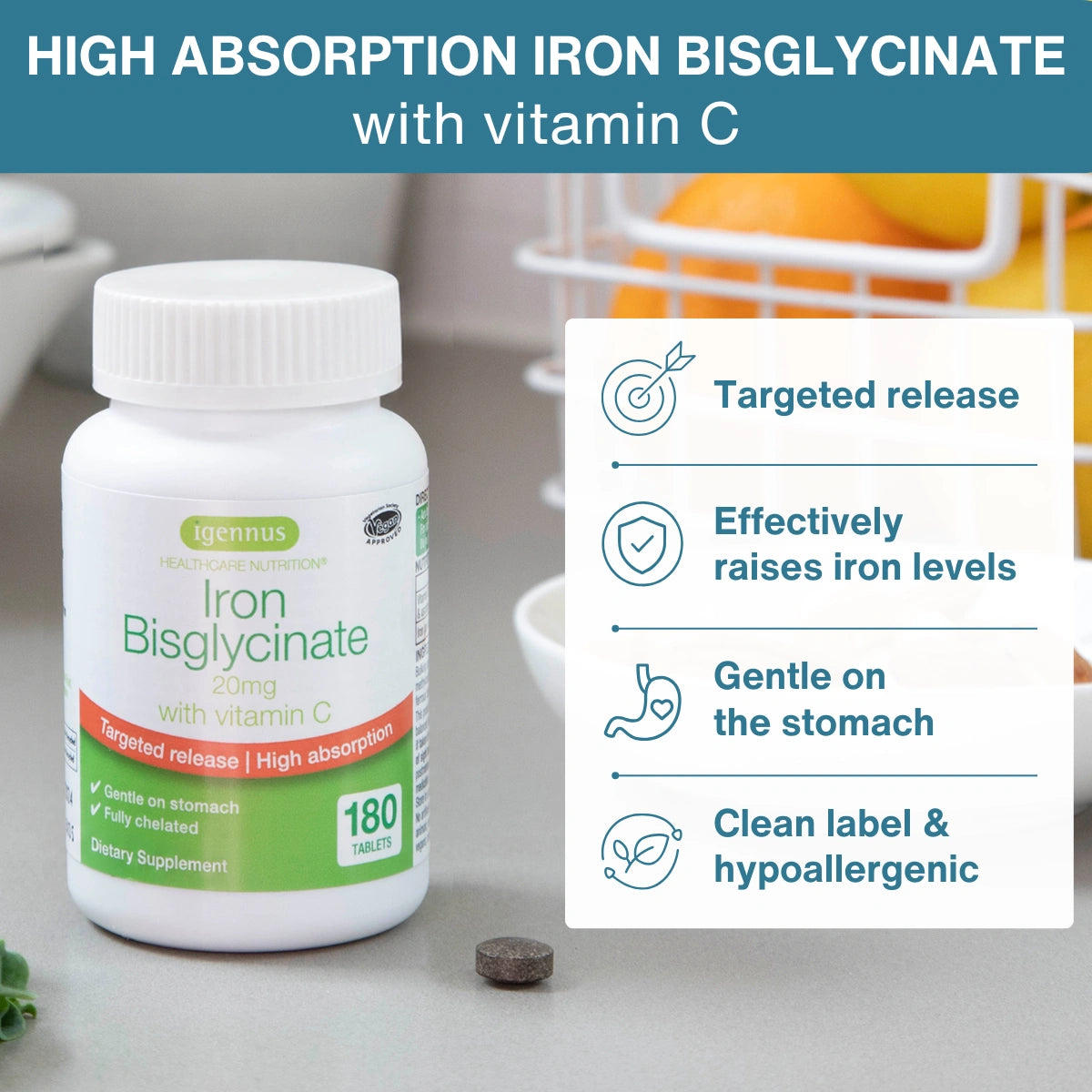 A bottle of Igennus Iron Bisglycinate 20mg with vitamin C dietary supplement, shown alongside a single dark brown tablet on a light gray surface. A white graphic overlay on the right lists key benefits: targeted release, effective iron level raising, gentle on the stomach, and clean label.