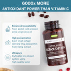 A bottle of Pure & Essential Ultra Pure Astaxanthin dietary supplement shown on a light background with marketing text and softgel pieces scattered around. The bottle is amber brown with a black cap and a dark label featuring white text.