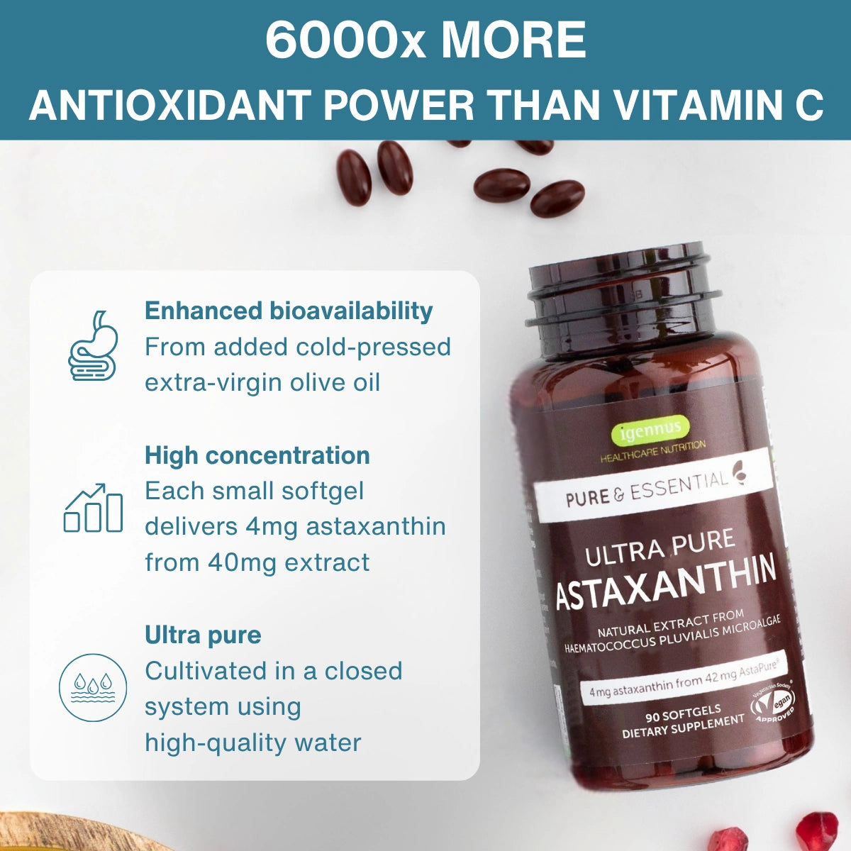 A bottle of Pure & Essential Ultra Pure Astaxanthin dietary supplement shown on a light background with marketing text and softgel pieces scattered around. The bottle is amber brown with a black cap and a dark label featuring white text.