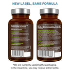 Two amber glass supplement bottles shown side by side on a white background, displaying the back labels of Ultra-Pure Ascorbic Acid and its Essential Astaxia Complex. The bottles have gray ribbed caps and are topped with the text 'NEW LABEL, SAME FORMULA' in blue.
