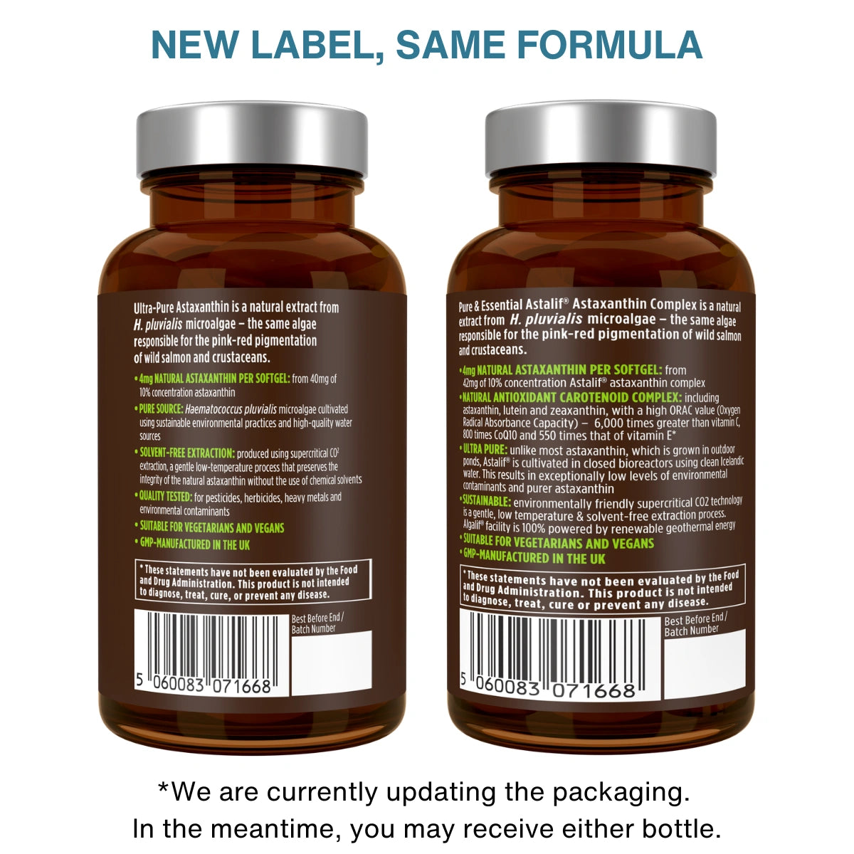 Two amber glass supplement bottles shown side by side on a white background, displaying the back labels of Ultra-Pure Ascorbic Acid and its Essential Astaxia Complex. The bottles have gray ribbed caps and are topped with the text 'NEW LABEL, SAME FORMULA' in blue.