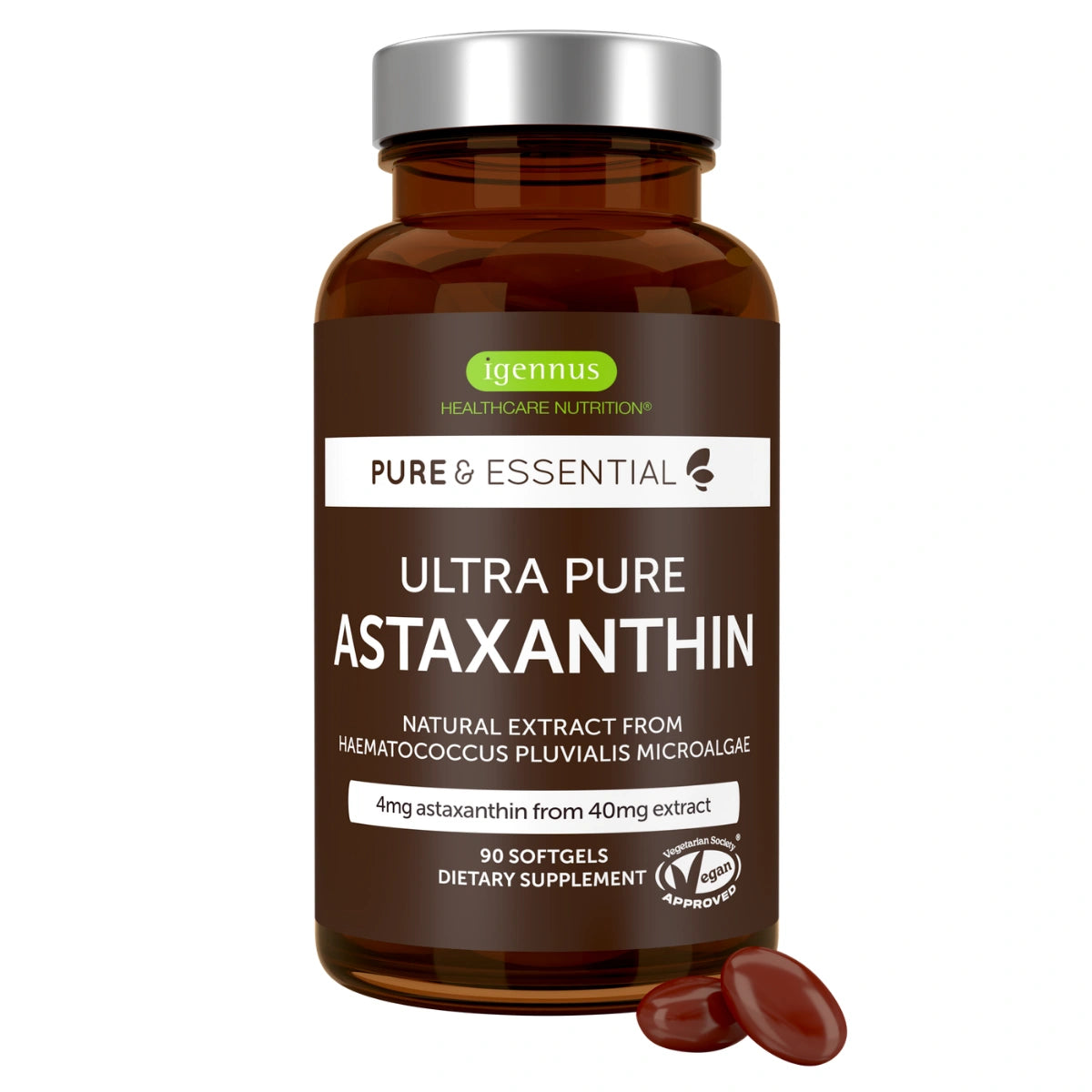 Supplement bottle labeled 'Astaxanthin Complex' by Igennus on a white background