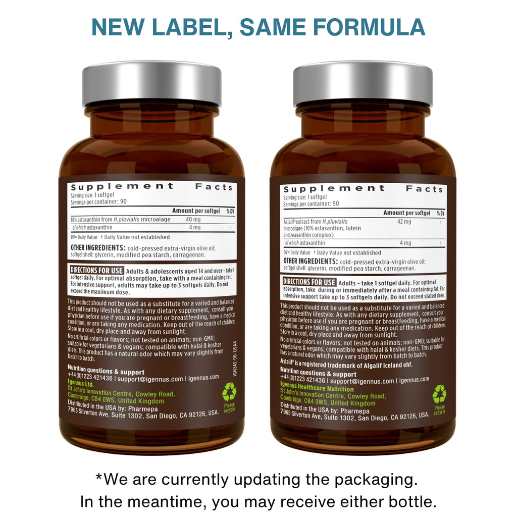Two amber supplement bottles shown side by side on a white background, with the back labels facing the camera and blue headline text reading “NEW LABEL, SAME FORMULA.”.