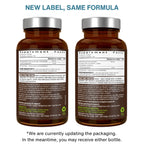 Two amber supplement bottles shown side by side on a white background, with the back labels facing the camera and blue headline text reading “NEW LABEL, SAME FORMULA.”.