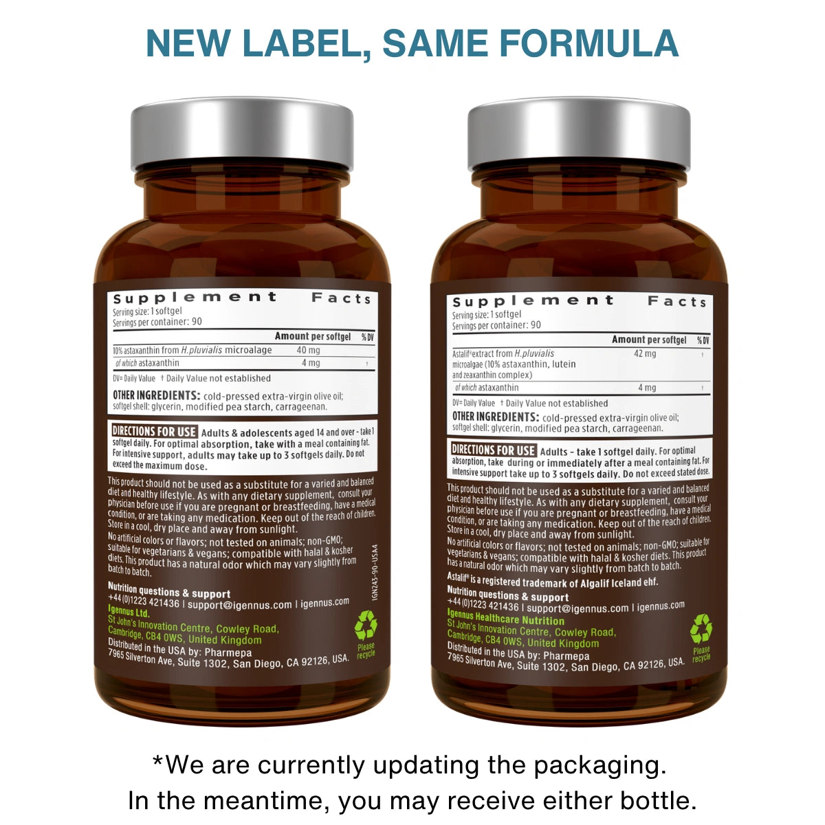 Two amber supplement bottles shown side by side on a white background, with the back labels facing the camera and blue headline text reading “NEW LABEL, SAME FORMULA.”.