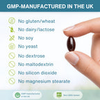 A close-up of a hand holding a dark brown oval supplement capsule against a white background with text listing ingredients and certifications: GMP-manufactured in the UK, no gluten/wheat, no dairy/lactose, no soy, no yeast, no dextrose, no maltodextrin, no silicon dioxide, and no magnesium stearate.