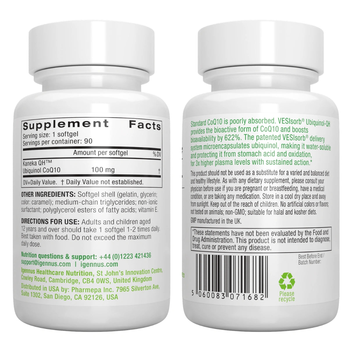 Two white plastic bottles of VESiC010 dietary supplement shown from the back, displaying the Supplement Facts and Directions panels with text and a barcode.