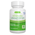 A white bottle of Igennus VESIsorb Ubiquinol-QH 100mg dietary supplement with a green and white label, containing 90 softgels.