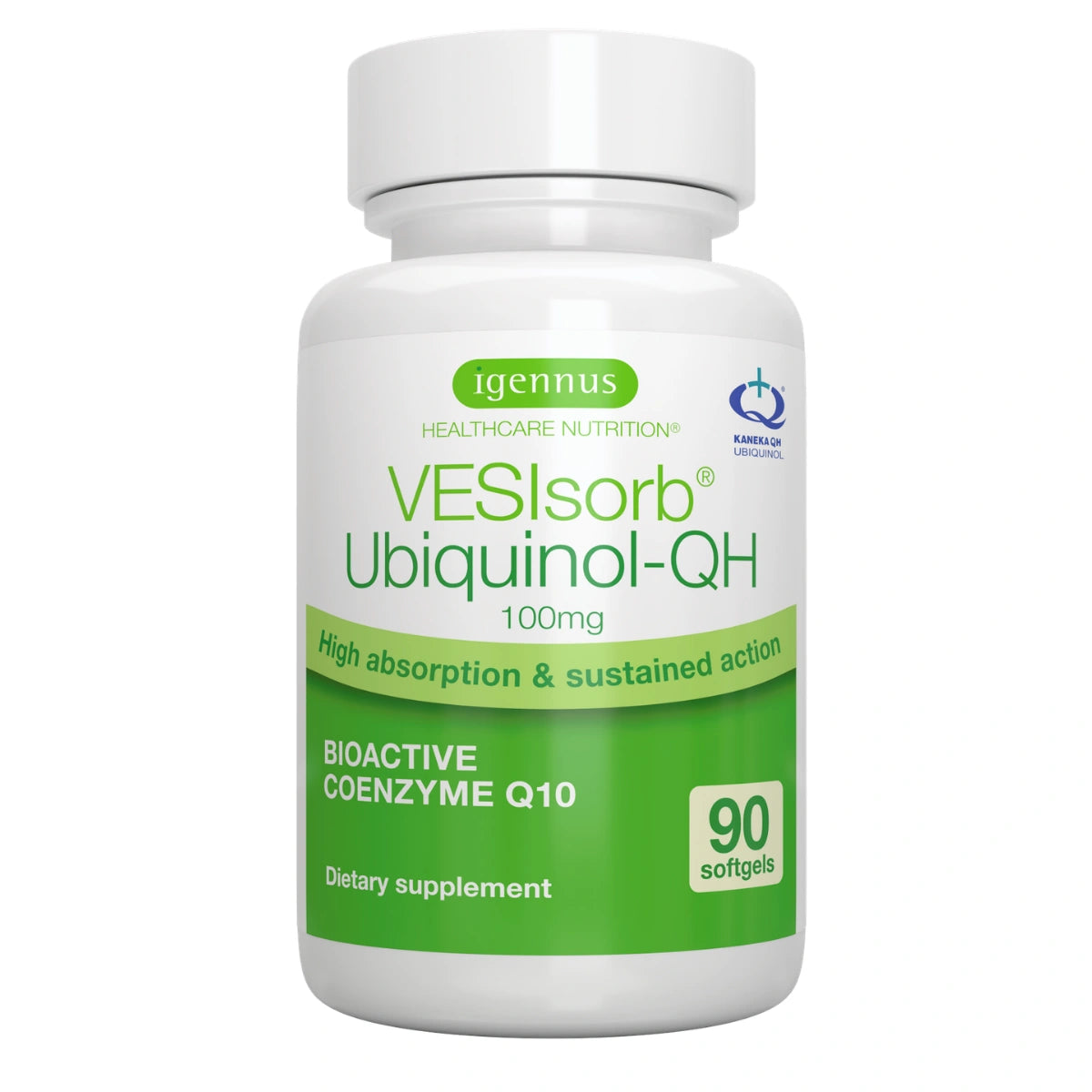 A white bottle of Igennus VESIsorb Ubiquinol-QH 100mg dietary supplement with a green and white label, containing 90 softgels.