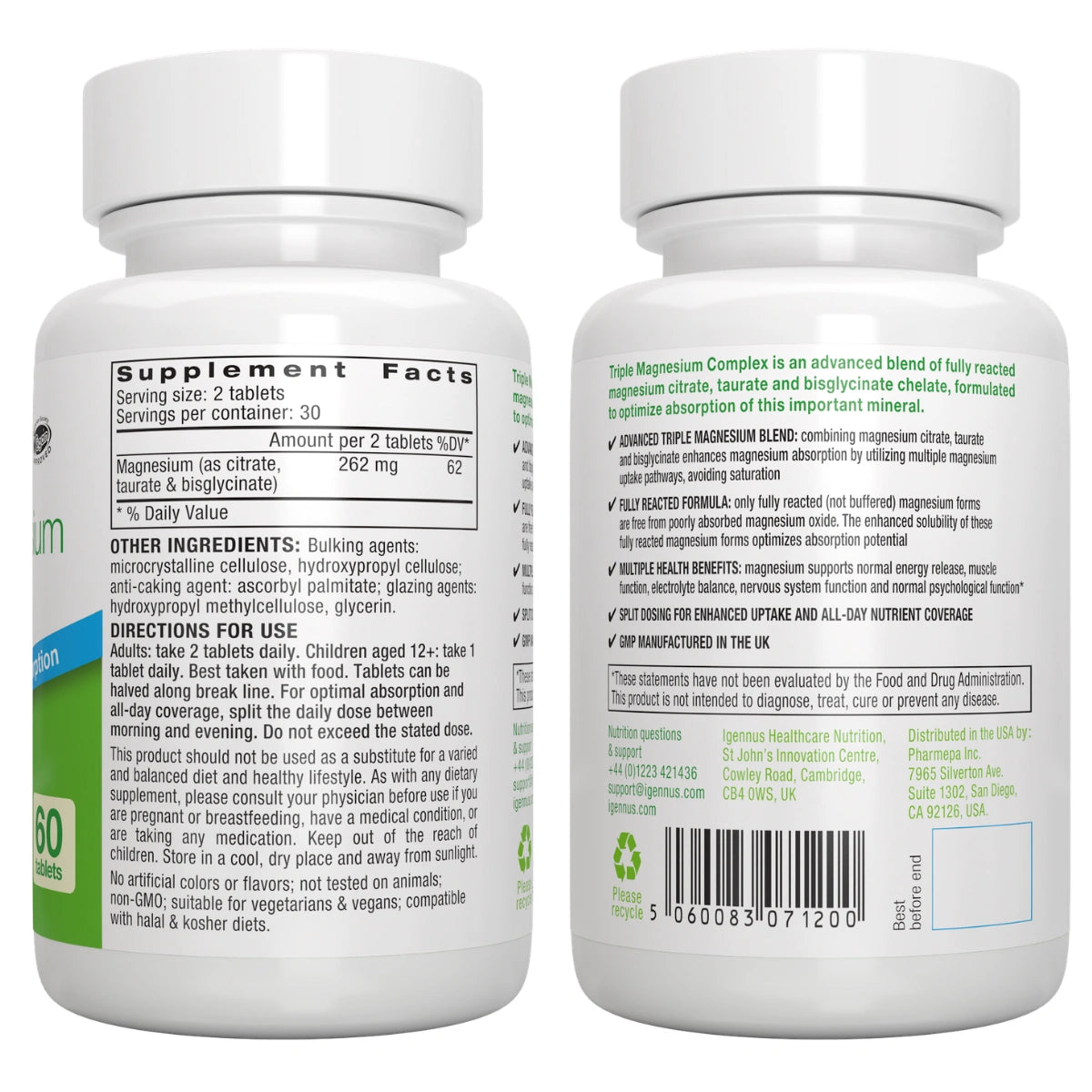 Two white bottles of Tola Magnesium Complex dietary supplement shown from the back, displaying supplement facts and directions in green text.