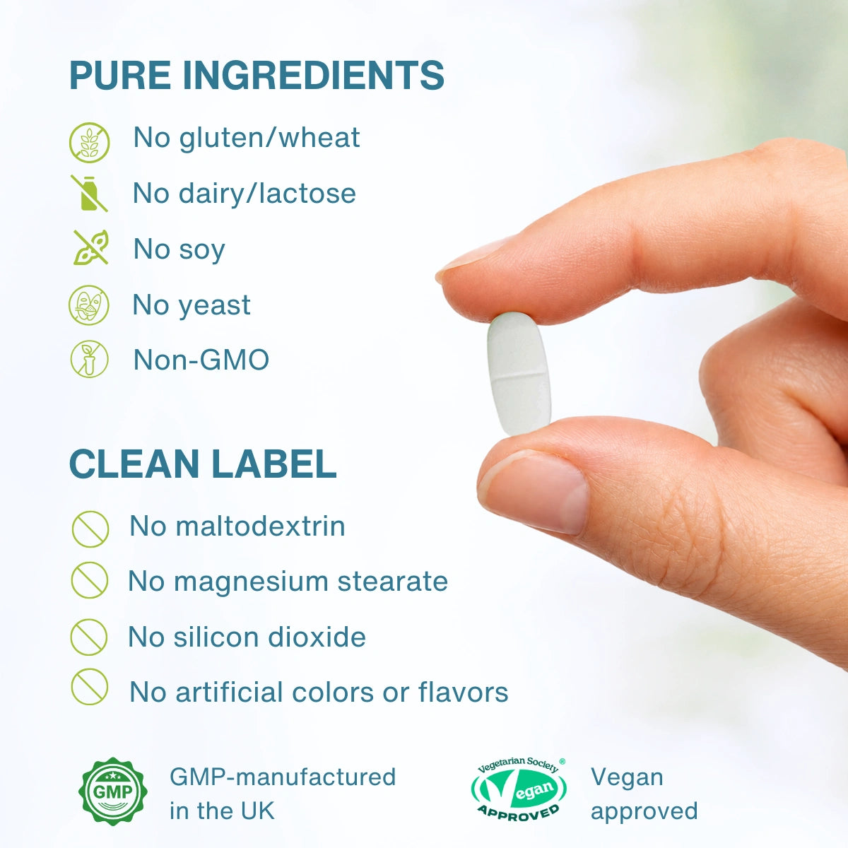 A hand holds a white oval supplement tablet against a soft light background, with text listing pure ingredients and clean label claims such as no gluten, no dairy/lactose, no soy, no yeast, non-GMO, and no maltodextrin or magnesium stearate.