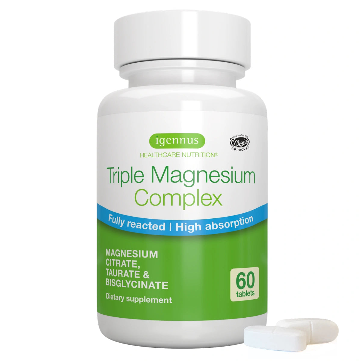 A white bottle of Igennus Healthcare Nutrition Triple Magnesium Complex dietary supplement, shown with two white tablets in front on a clean white background.