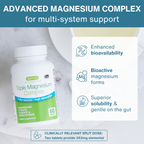 A bottle of Aggeness Triple Magnesium Complex dietary supplement shown on a light marble surface with marketing text callouts on the right and a bottom note about split dosage.