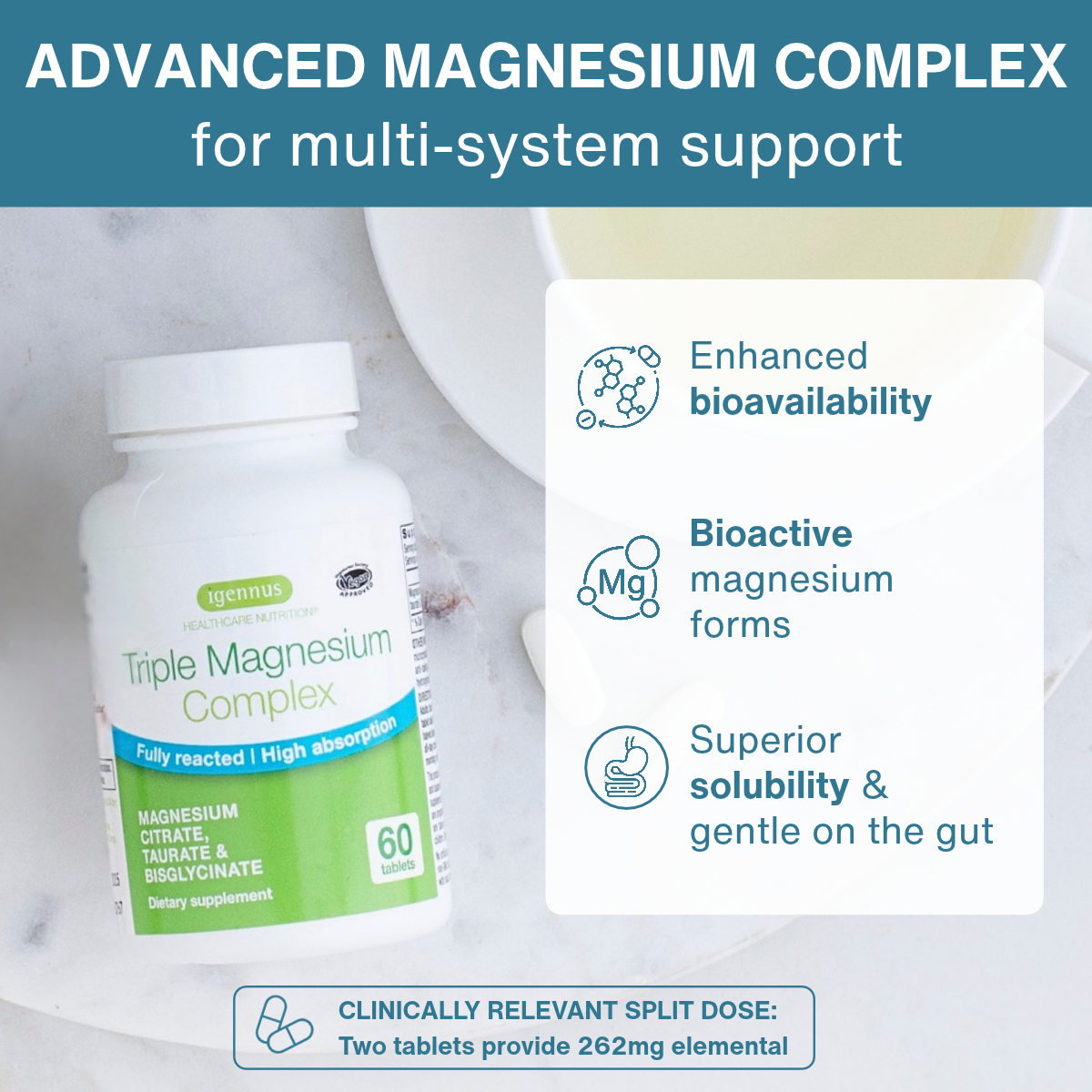 A bottle of Aggeness Triple Magnesium Complex dietary supplement shown on a light marble surface with marketing text callouts on the right and a bottom note about split dosage.