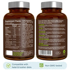 Two amber supplement bottles shown side by side, displaying the back labels of a Fish Vital Pure Essential Omega-3 Wild Fish supplement. The bottles are set against a clean white background with a light blue and green compatibility banner at the bottom.