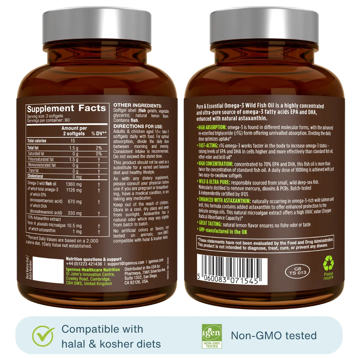 Two amber supplement bottles shown side by side, displaying the back labels of a Fish Vital Pure Essential Omega-3 Wild Fish supplement. The bottles are set against a clean white background with a light blue and green compatibility banner at the bottom.