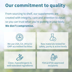 A promotional graphic with the headline 'Our commitment to quality' and four light panels showing icons and text about GMP facilities, raw material testing, clean ingredients, and FDA/EFSA approval, all on a soft blurred green background.