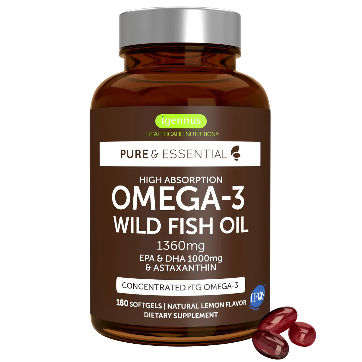 A bottle of Igennus Omega-3 Wild Fish Oil dietary supplement, featuring an amber brown bottle with a silver cap and a dark brown label, shown alongside three red softgel capsules on a white background.
