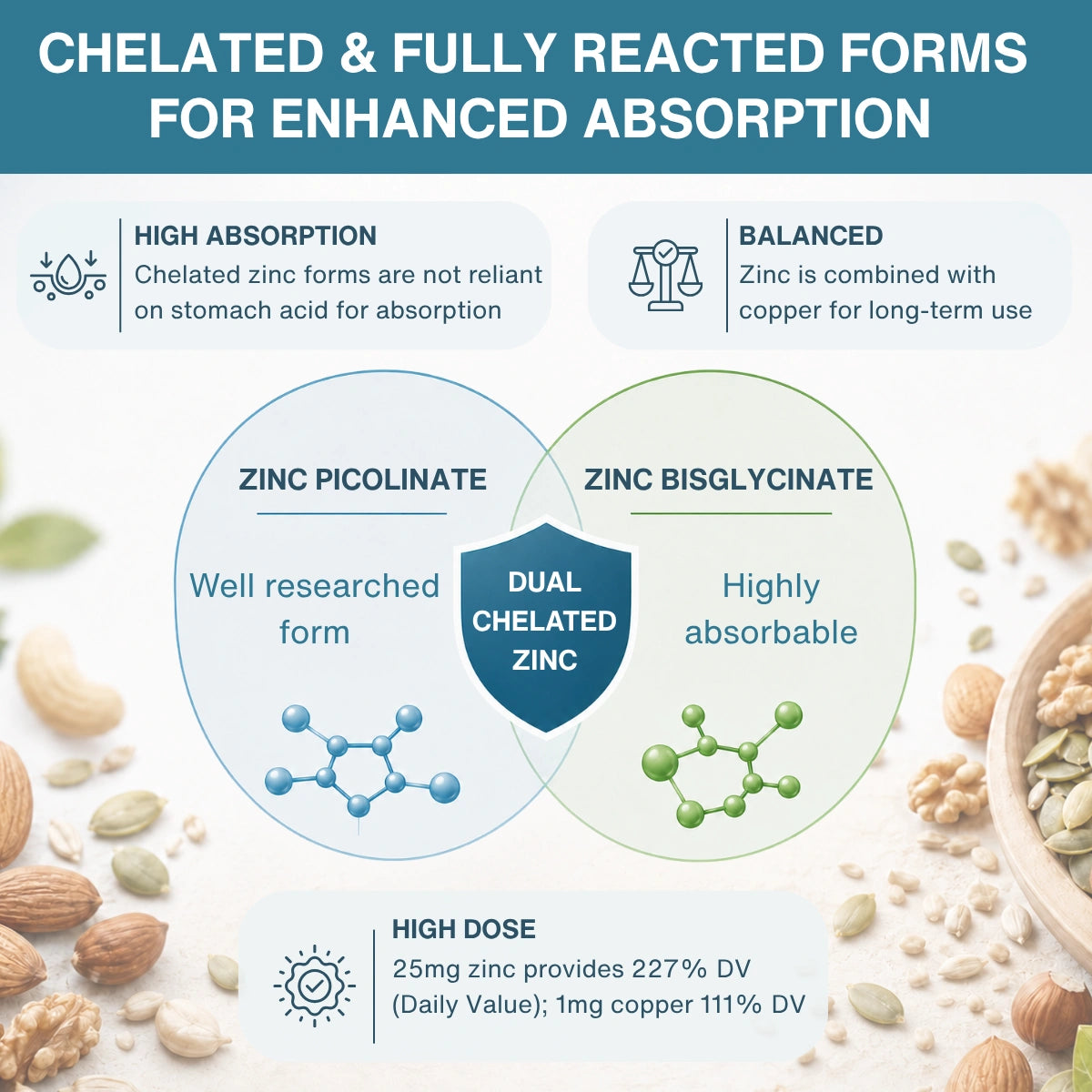 An infographic comparing zinc picolinate and zinc bisglycinate forms for enhanced absorption, featuring a central blue shield labeled 'DUAL CHELATED ZINC' with surrounding text and illustrations on a background of nuts and seeds.