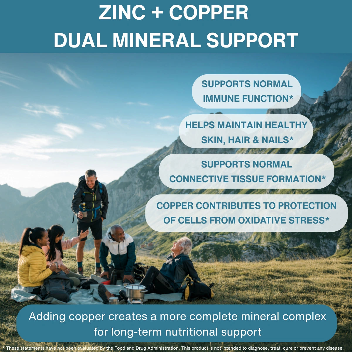 Promotional graphic for a zinc and copper dual mineral support supplement. The top features a dark teal banner with white text, while the bottom half shows a lifestyle photo of a group of friends hiking in a mountainous outdoor setting.