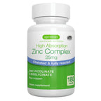 A white bottle of Igennus High Absorption Zinc Complex 25mg dietary supplement, containing 180 tablets, shown on a plain white background.