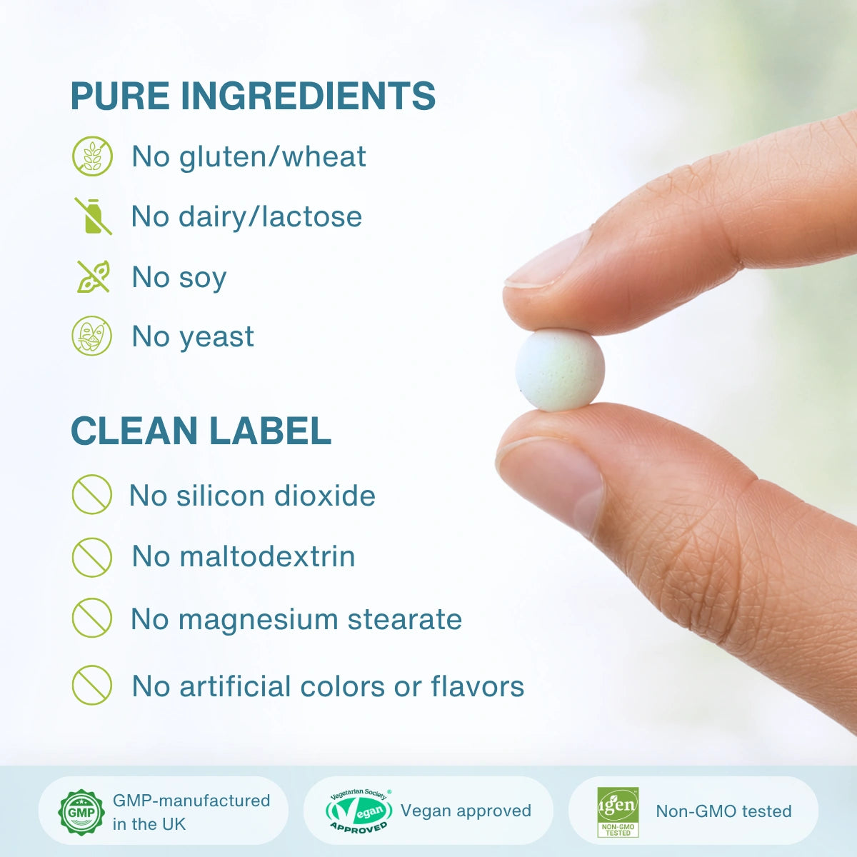 A close-up of a hand holding a single pale green round supplement tablet, with text on a light background listing pure ingredients and clean label claims such as no gluten, wheat, dairy, lactose, soy, yeast, silicon dioxide, maltodextrin, magnesium stearate, and artificial colors or flavors.