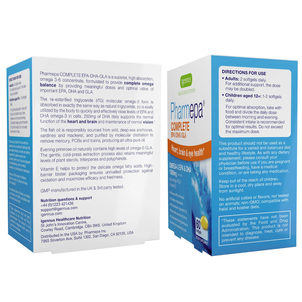 Three Pharmega Complete supplement boxes shown on a plain white background, with the front and side panels visible. The packaging is predominantly white with blue and red text and graphics.