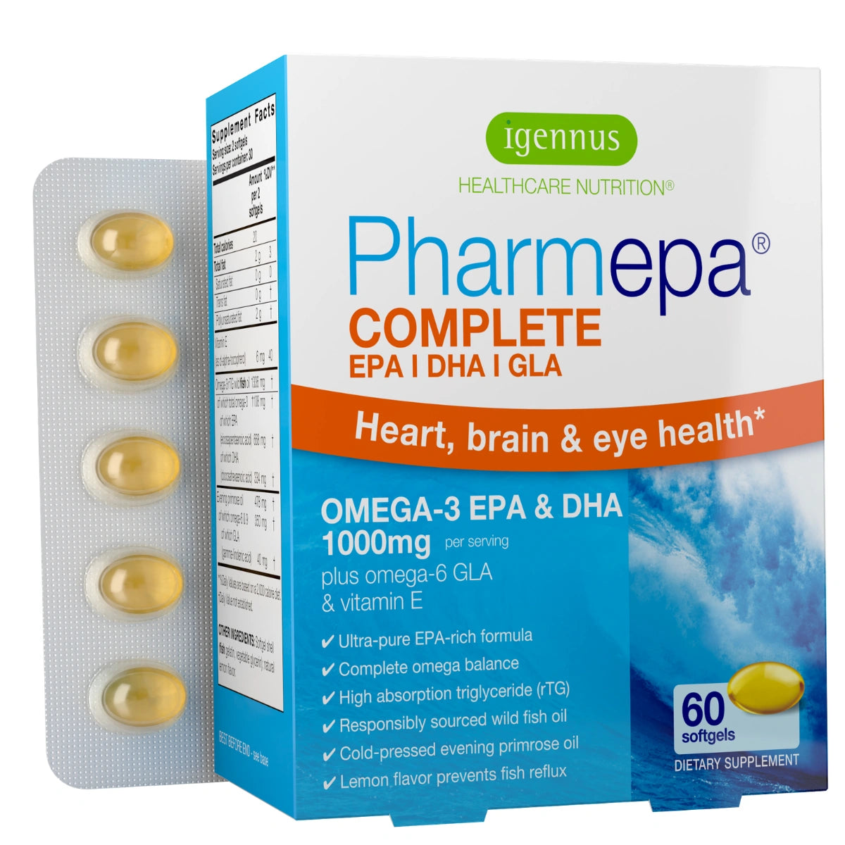 Igennus Pharmepa Complete dietary supplement box with a blister pack of softgels, shown on a clean white background.