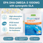 Pharmepa Complete Omega-3 supplement packaging with text highlighting features on a white background.