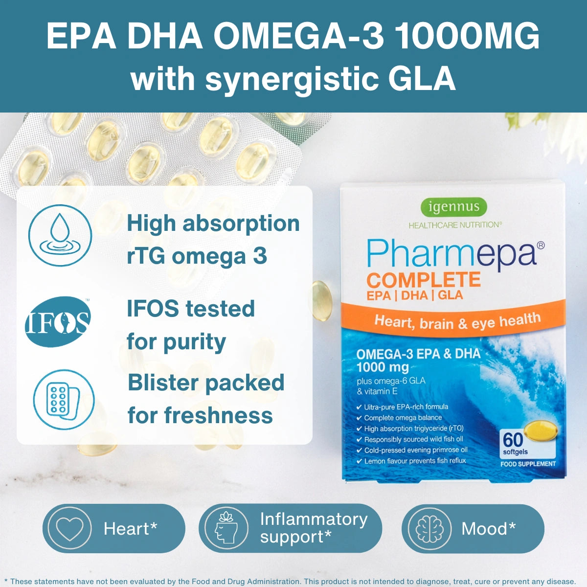 Pharmepa Complete Omega-3 supplement packaging with text highlighting features on a white background.