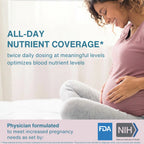 A pregnant woman in a pink top and gray pants sits on a bed, holding her baby bump. Large text reads 'ALL-DAY NUTRIENT COVERAGE*' and includes FDA and NIH logos at the bottom.