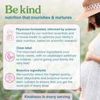 Promotional graphic for a baby formula or nutrition product. The left side features a white rounded rectangle with three key selling points in blue text: 'Physician-formulated, informed by science', 'Clean label', and 'Bioactive ingredients', accompanied by pink icons.