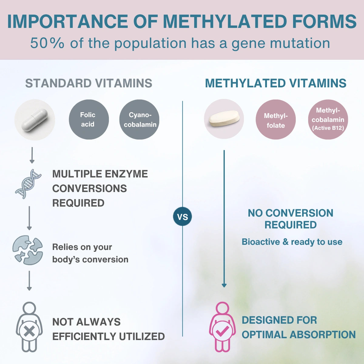 An infographic titled 'IMPORTANCE OF METHYLATED FORMS' comparing standard vitamins versus methylated vitamins, with text about gene mutations and optimal absorption, plus small pill illustrations and icons.