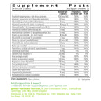 A supplement facts label for iGenus Health products, showing a table of nutrients like Vitamin A, C, D, and E along with serving sizes and daily value percentages, plus contact information and distribution details at the bottom.