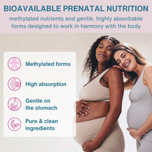 Promotional graphic for bioavailable prenatal nutrition featuring two pregnant women embracing, with text highlighting methylated nutrients, high absorption, gentle on the stomach, and pure ingredients.