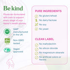A product information graphic for a physician-formulated supplement. The left side features the green 'Be kind' logo, GMP, genc, Vegan approved, and GMP in the UK badges.
