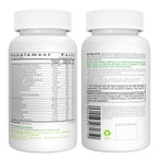 Two white supplement bottles shown side by side, displaying the front and back labels with detailed supplement facts, directions, and a barcode on a plain white background.