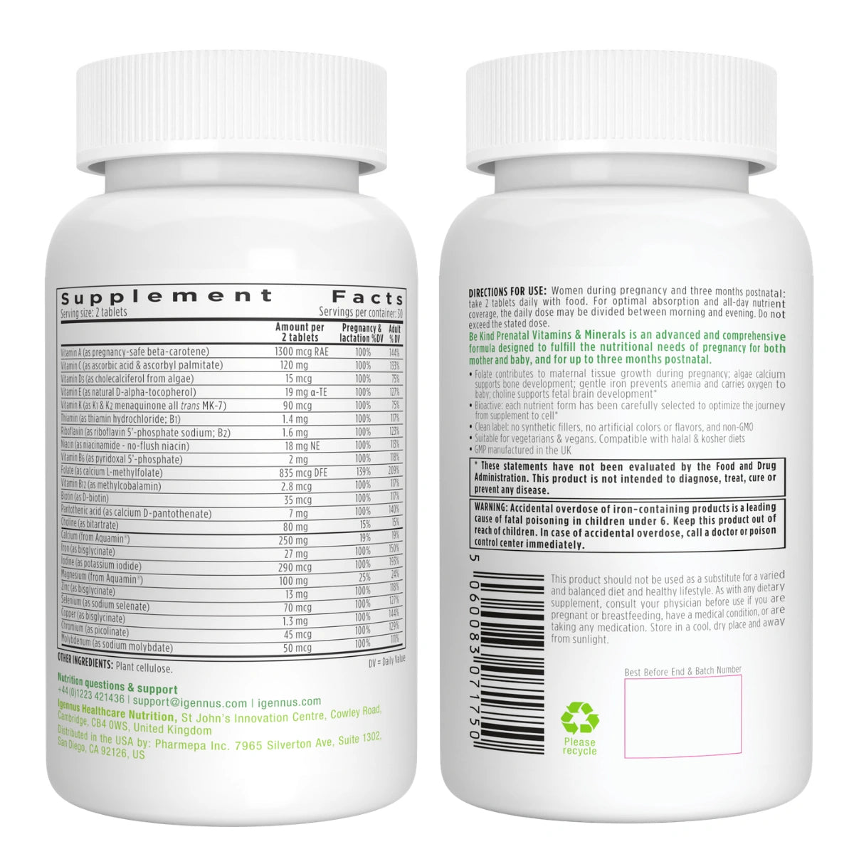 Two white supplement bottles shown side by side, displaying the front and back labels with detailed supplement facts, directions, and a barcode on a plain white background.
