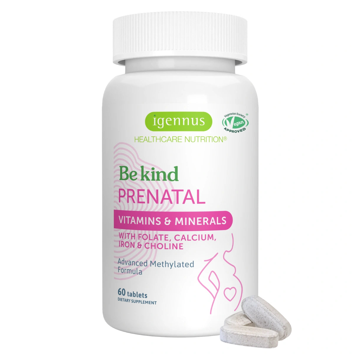 A white bottle of Igennus Be Kind Prenatal vitamins and minerals with three light gray tablets in front, on a solid white background.