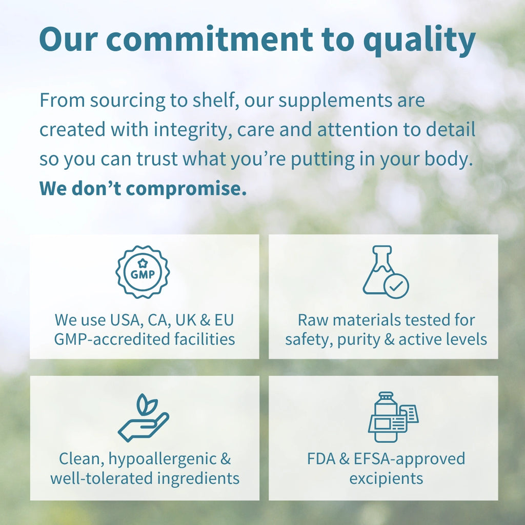 Quality commitment statement with icons and text about supplement manufacturing processes.