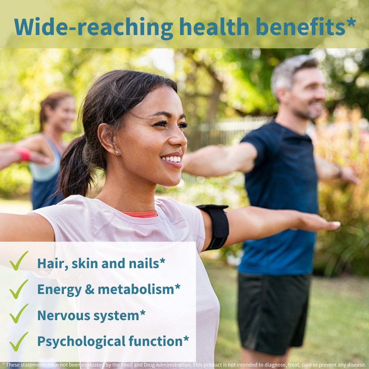 Woman exercising outdoors with text about wide-reaching health benefits