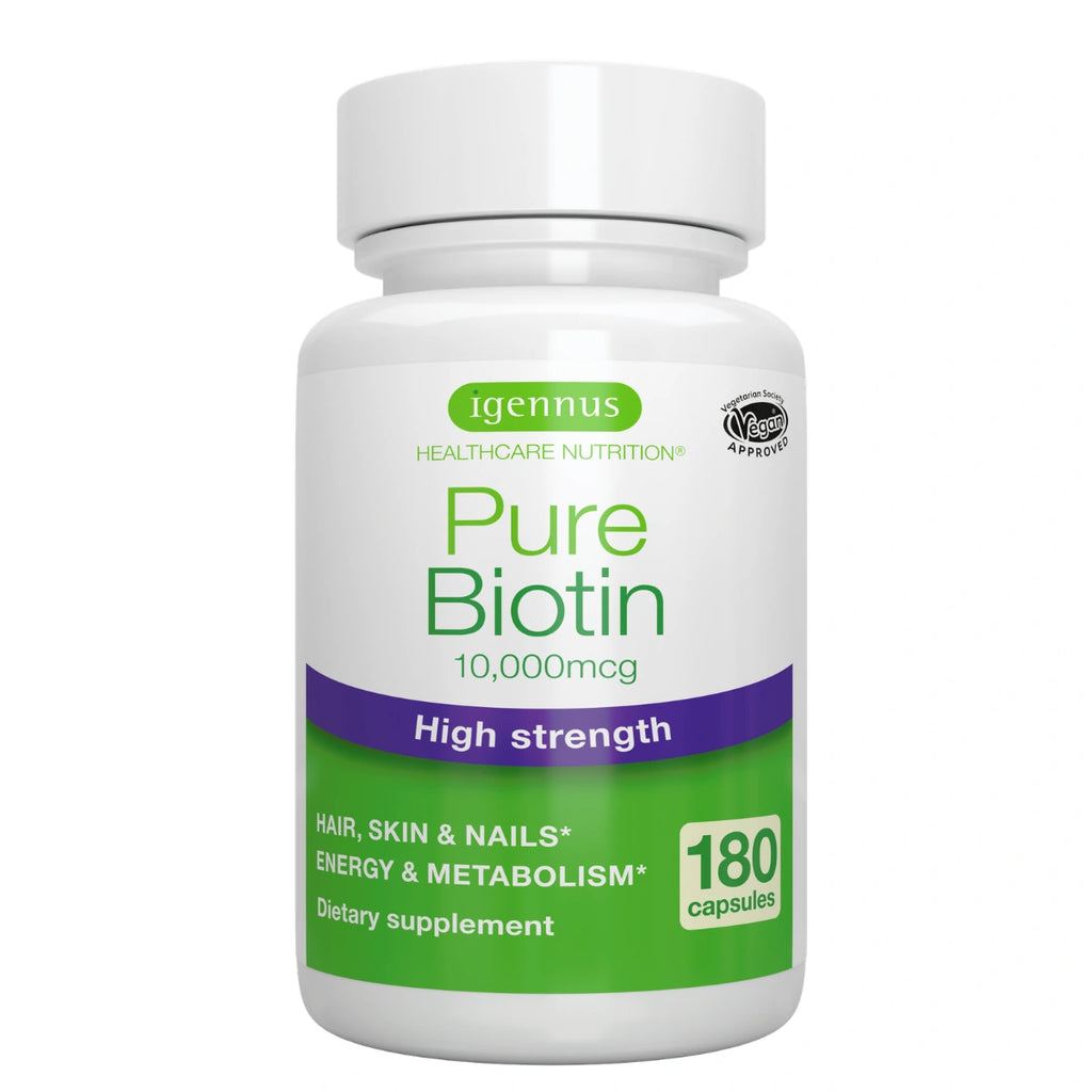 Supplement bottle labeled 'Pure Biotin' by igennus on a white background