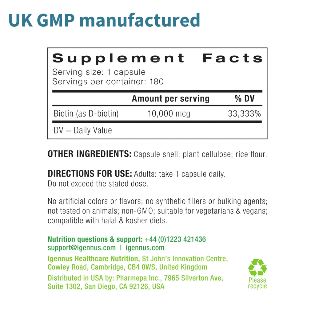 A supplement facts label for a biotin supplement, showing serving size, servings per container, amount per serving, and daily value. Text lists capsule shell ingredients and directions for use, with Iggenus Healthcare Nutrition contact details and a recycling symbol at the bottom.