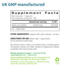 A supplement facts label for a biotin supplement, showing serving size, servings per container, amount per serving, and daily value. Text lists capsule shell ingredients and directions for use, with Iggenus Healthcare Nutrition contact details and a recycling symbol at the bottom.