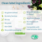A product information graphic for a dietary supplement bottle labeled 'Pure Biotin'. The graphic features a white bottle with green and purple accents, surrounded by text highlighting clean ingredients and dietary compatibility.