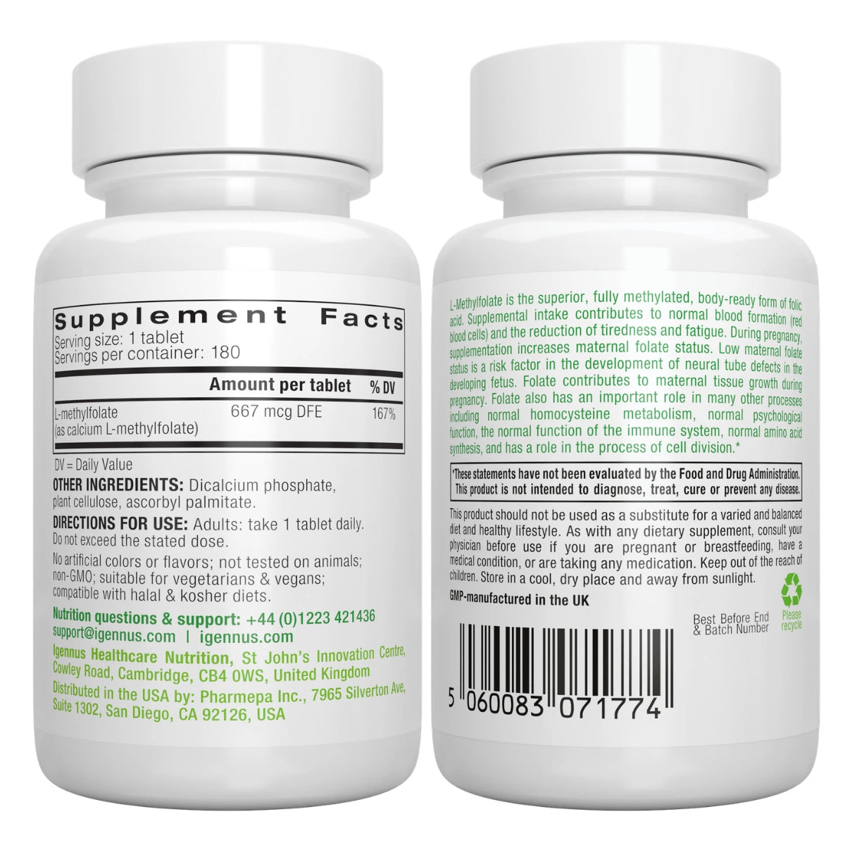 Two white bottles of DMP-collaborated dietary supplement shown side by side, displaying the front and back labels with supplement facts and directions.