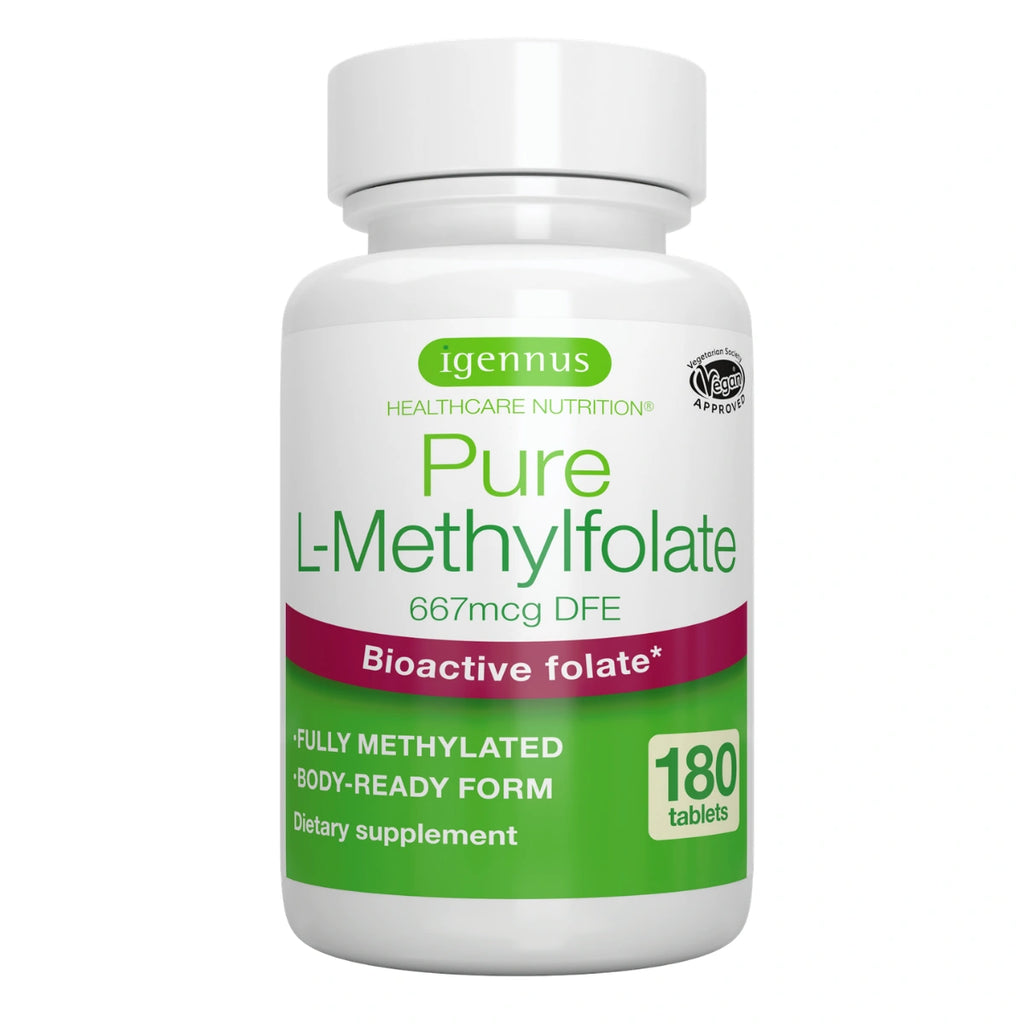 A white plastic bottle of Igennus Pure L-Methylfolate dietary supplement, 180 tablets, on a solid white background.