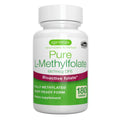 A white plastic bottle of Igennus Pure L-Methylfolate dietary supplement, 180 tablets, on a solid white background.