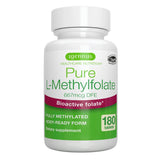 A white plastic bottle of Igennus Pure L-Methylfolate dietary supplement, 180 tablets, on a solid white background.