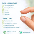 A close-up of a hand holding a small white round supplement tablet, with text on a soft light background listing pure ingredients and clean label claims such as no gluten, no dairy/lactose, no soy, no yeast, no GMO, no maltodextrin, no magnesium stearate, no silicon dioxide, and no artificial colors or flavors. GMP-manufactured in the UK and Vegan approved badges are shown at the bottom.